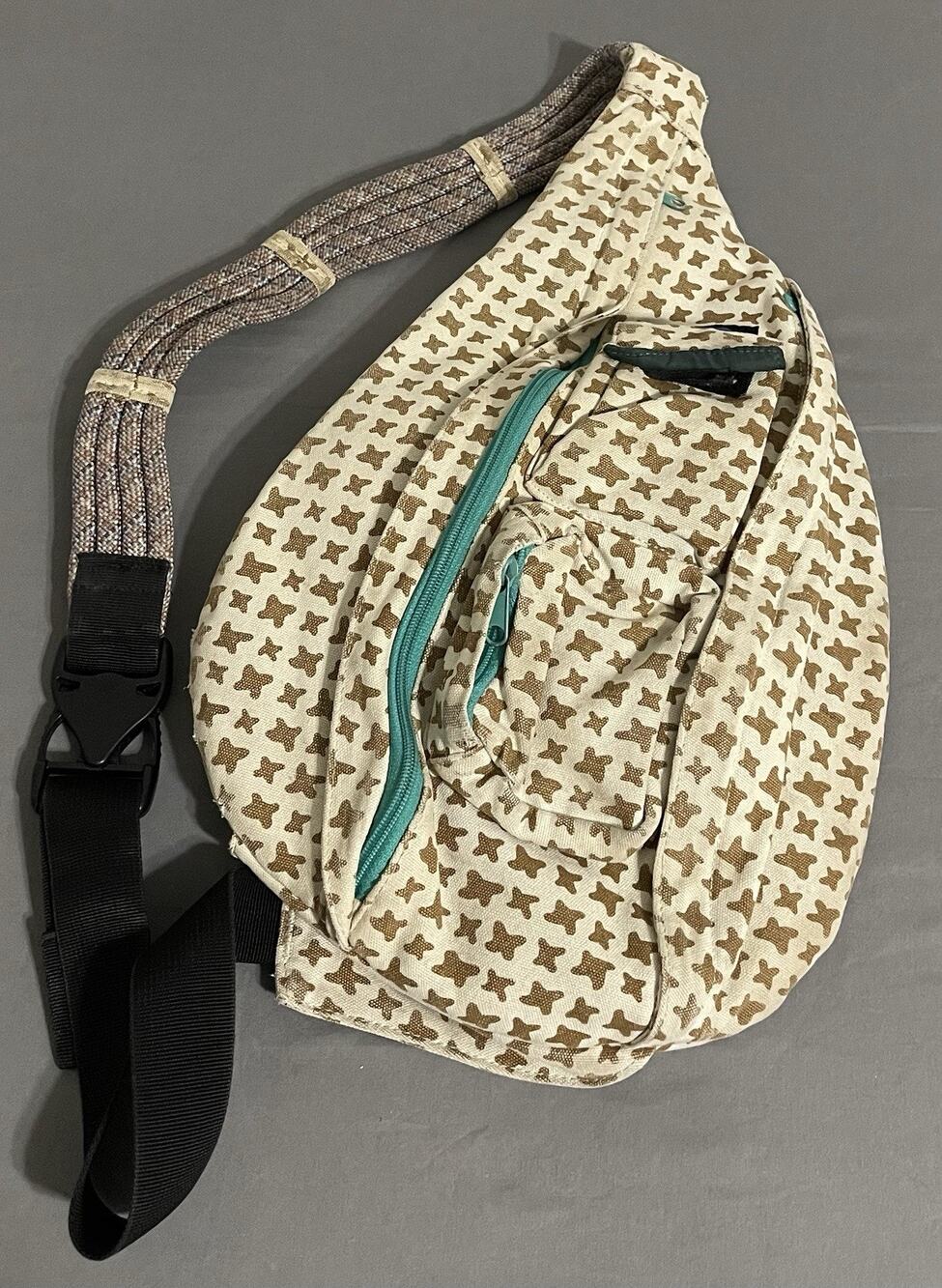 KAVU Cotton Canvas Rope Sling Bag Crossbody Backpack Cream Brown Teal Zipper